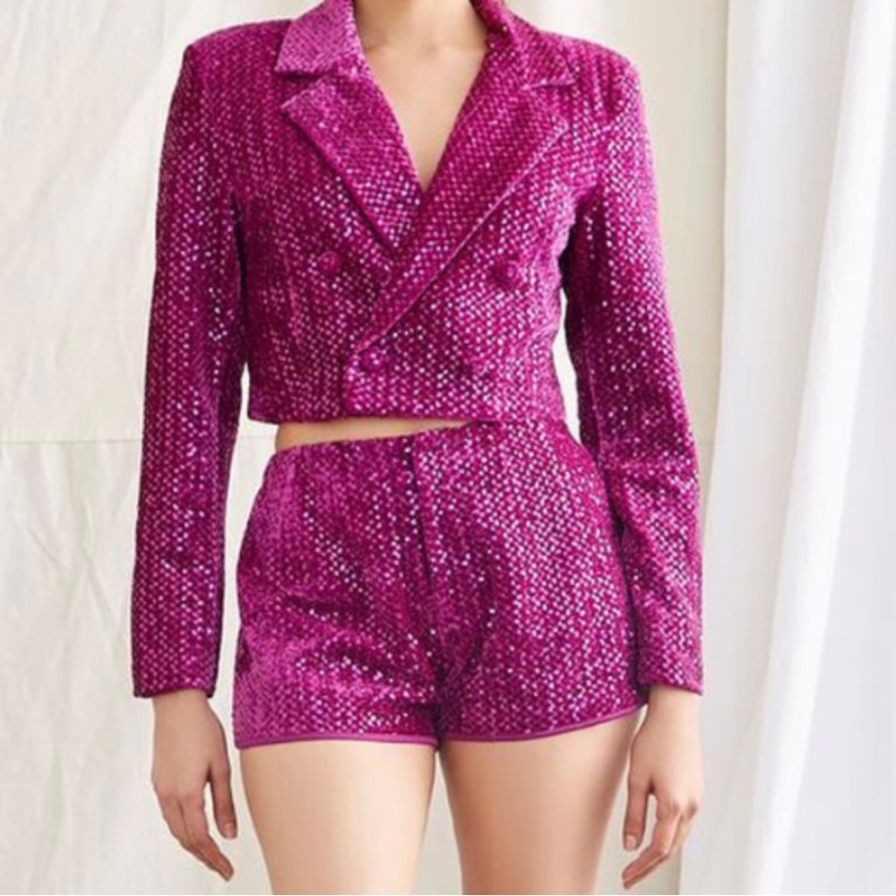 Fuchsia Sequin Crop Blazer and Shorts
